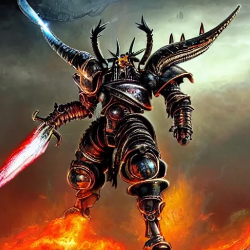 Prompt: a hyperrealistic magnificent robot holding a powerful sword, archaon the everchosen, terminator, Terminator: Dark Fate, most beautiful image ever created, emotionally evocative, greatest art ever made, lifetime achievement magnum opus masterpiece, the most amazing breathtaking image with the deepest message ever painted, a thing of beauty beyond imagination or words