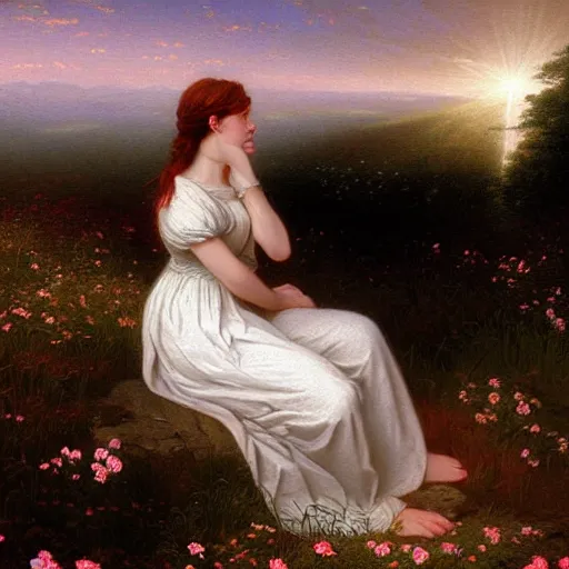 Prompt: a beautiful portrait of a woman in a white cotton dress pondering life as she watches the sun set, nature, field of wild flowers, deviantart, fantasy art, sunrays shine upon it, deviantart, mystical, art style by claude joseph vernet and caspar david friedrich and thomas kinkade