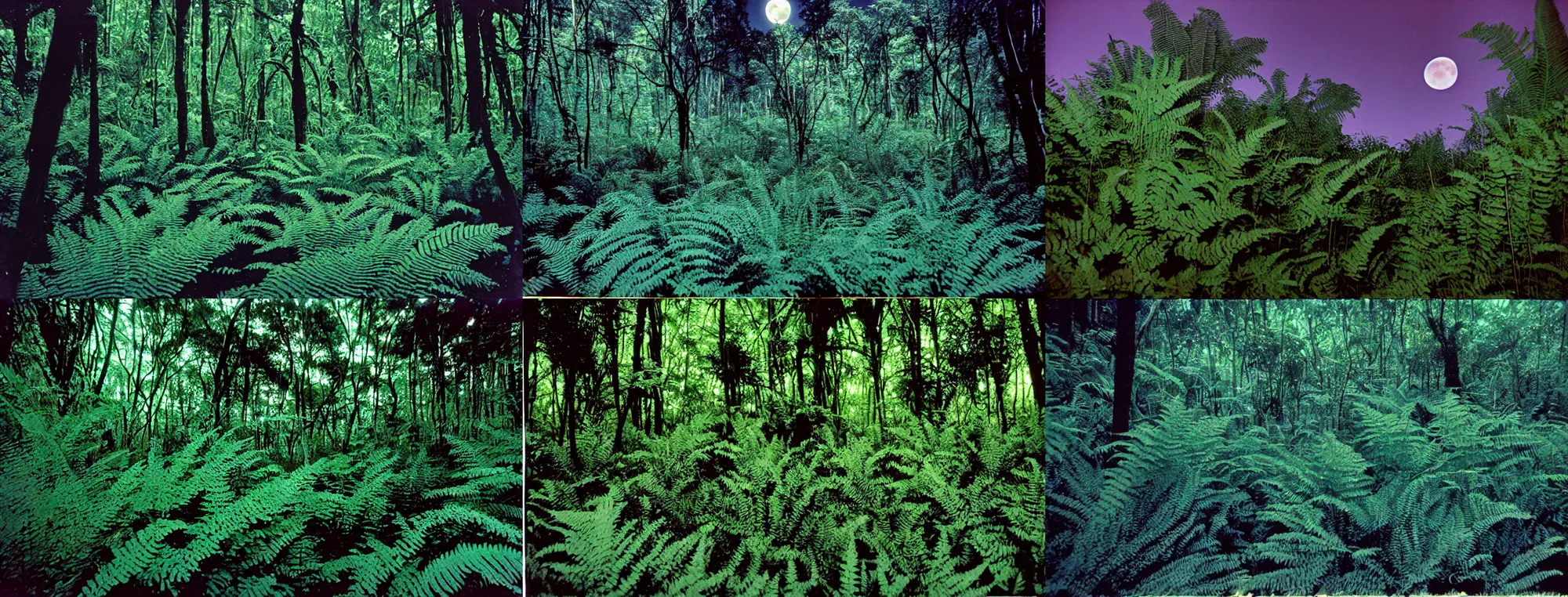 Prompt: full color still, moonlit fern forest, huge full moon, dinosaur bones, big vegetation, ektachrome ( 1 9 7 6 )