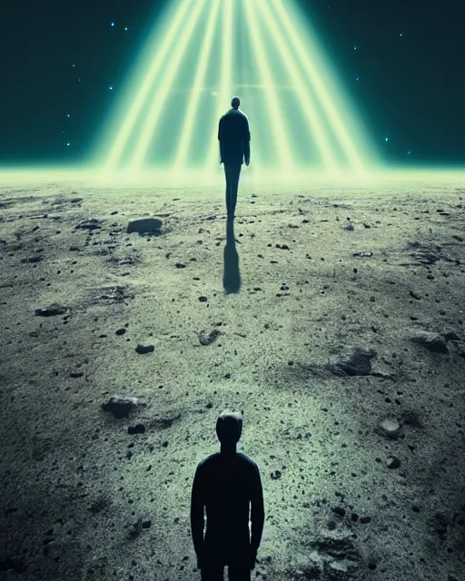 Image similar to a person standing in front of a glowy open door that's on a barren moon, poster art by mike winkelmann, trending on cg society, space art, sci - fi, ue 5, futuristic, volumetric lighting, light casting onto the ground, neat composition and camera angle