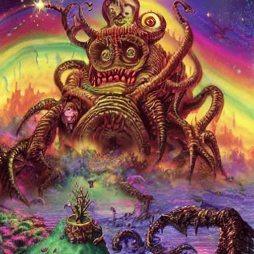 Prompt: an eldritch mutant abomination from the depths of hell by thomas kinkade and lisa frank