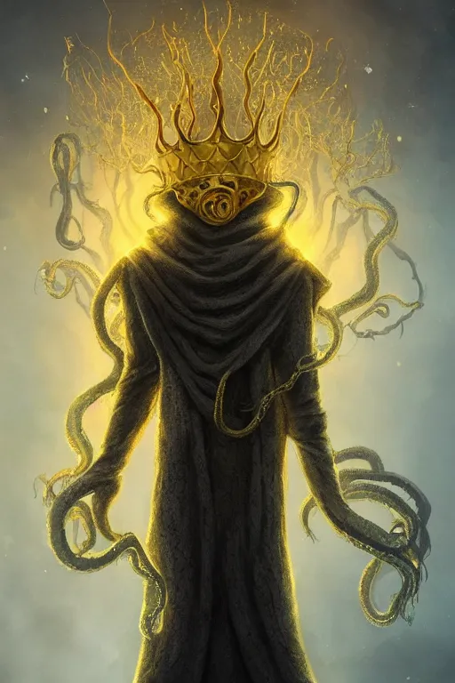 Image similar to A full body portrait of a mysterious character with no face with a very long hooded yellow cloak, a golden crown floating above his head, tentacles coming out the ground art by Shaddy Safadi and Jason Chan, ominous, cosmic horror, trending on artstation, Ultra detailed, hyper realistic 4k