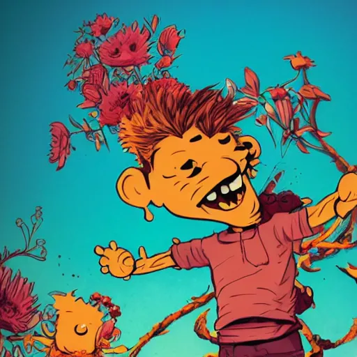 Image similar to portrait of watterson's hobbes, smiling with flowers in hands. sharp focus, cinematic pose, cinematic lighting, unreal engine render. art by josan gonzales and moebius and deathburger.