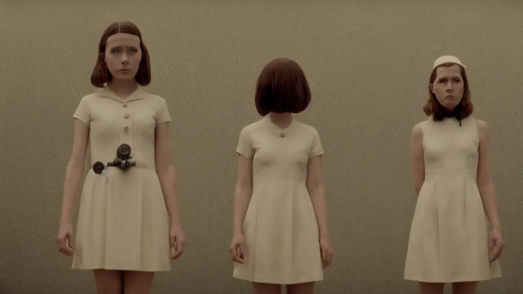 Prompt: A girl in a mod dress confronts the void, Film still from Wes Anderson, wide lens