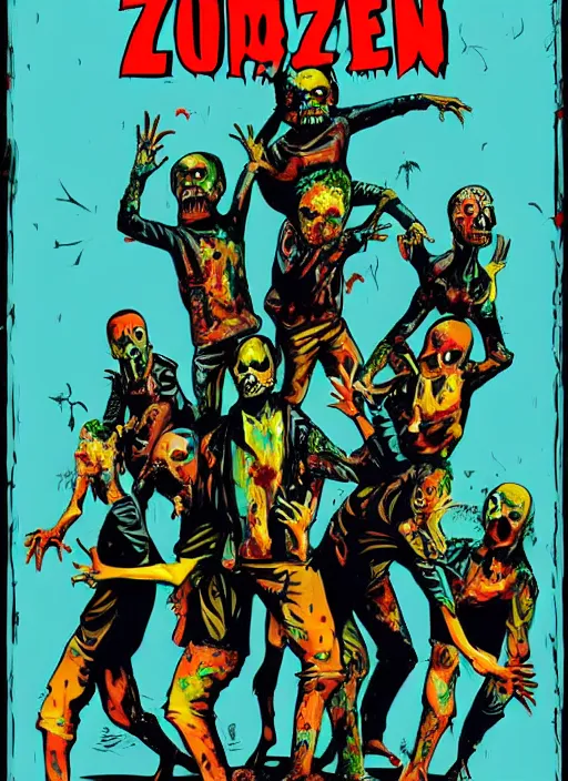 Image similar to a poster of a group of zombies on a surfboard, poster art by john carpenter, featured on deviantart, toyism, movie poster, concert poster, poster art