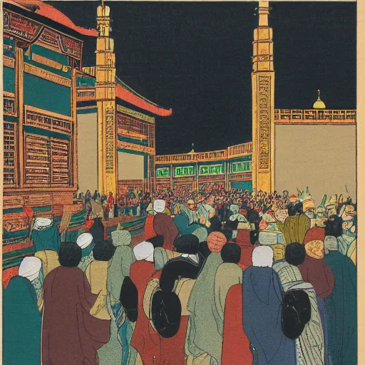 Prompt: late meiji period, colored woodblock print, muslim pilgrims circling the kaaba