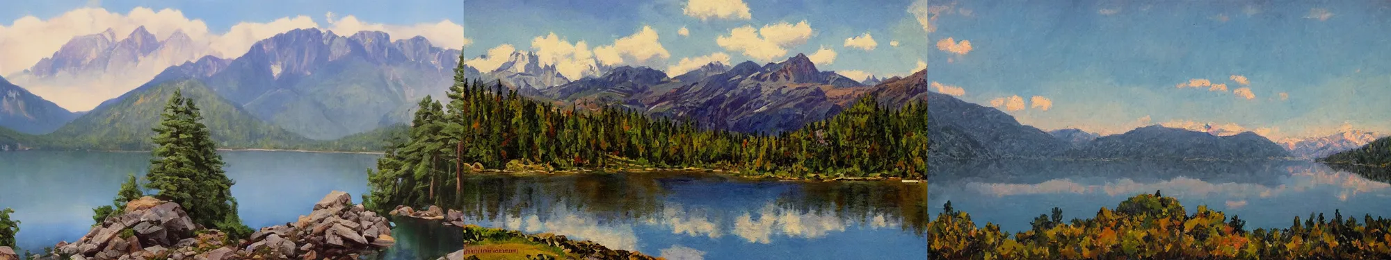 Prompt: lakeside mountains, by roy lichenstein