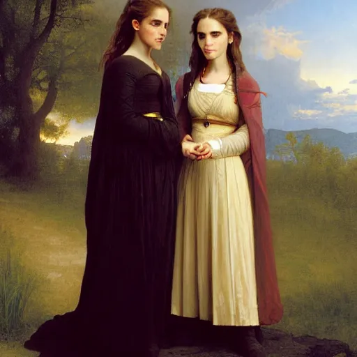 Image similar to Painting of Emma Watson as Hermione Granger standing next to Natalie Portman as Padme Amidala. Art by william adolphe bouguereau. During golden hour. Extremely detailed. Beautiful. 4K. Award winning.