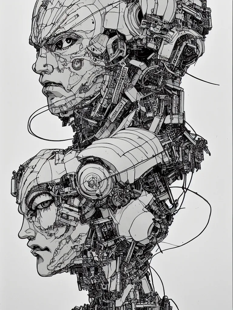 Image similar to prompt: Fragile looking figure, portrait face drawn by Katsuhiro Otomo, full body character drawing, inspired by Evangeleon and Akira 1988, cyborg and wire details parts, clean ink detailed line drawing, intricate detail, manga 1990, portrait centric composition