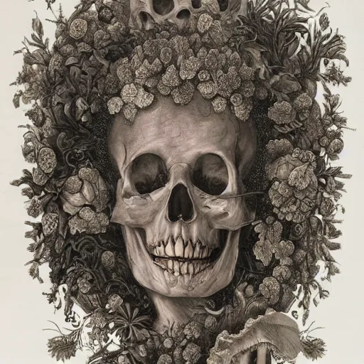 Image similar to a beautiful detailed front view rococo portrait of a rotten woman corpse becoming almost a skull with face muscles, veins, artery, fractal plants and fractal flowers and mushrooms growing around, intricate, ornate, volumetric light, beautiful lit, beetlejuice