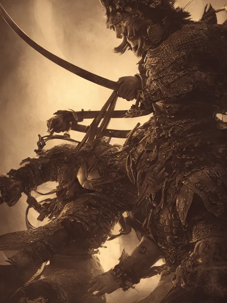 Prompt: an illustration masterpiece design of a samurai, by justin gerard, octane render, 8 k, beautifully lit