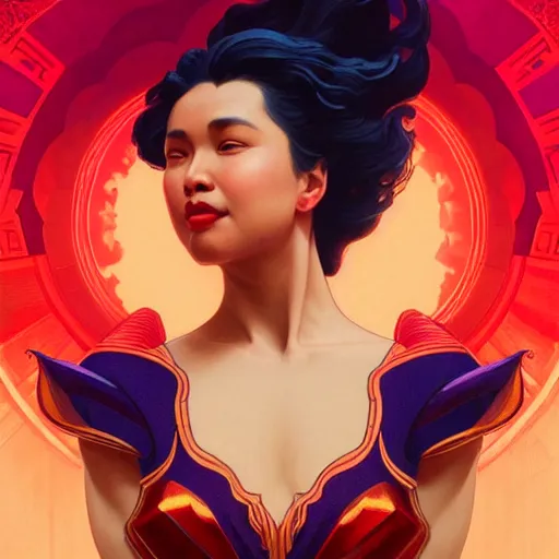 Prompt: jane de leon as darna, volumetric lights, red and cyan theme, art nouveau botanicals, intricate, highly detailed, digital painting, artstation, concept art, smooth, sharp focus, cinematic, illustration, beautiful face, art by artgerm and greg rutkowski and alphonse mucha