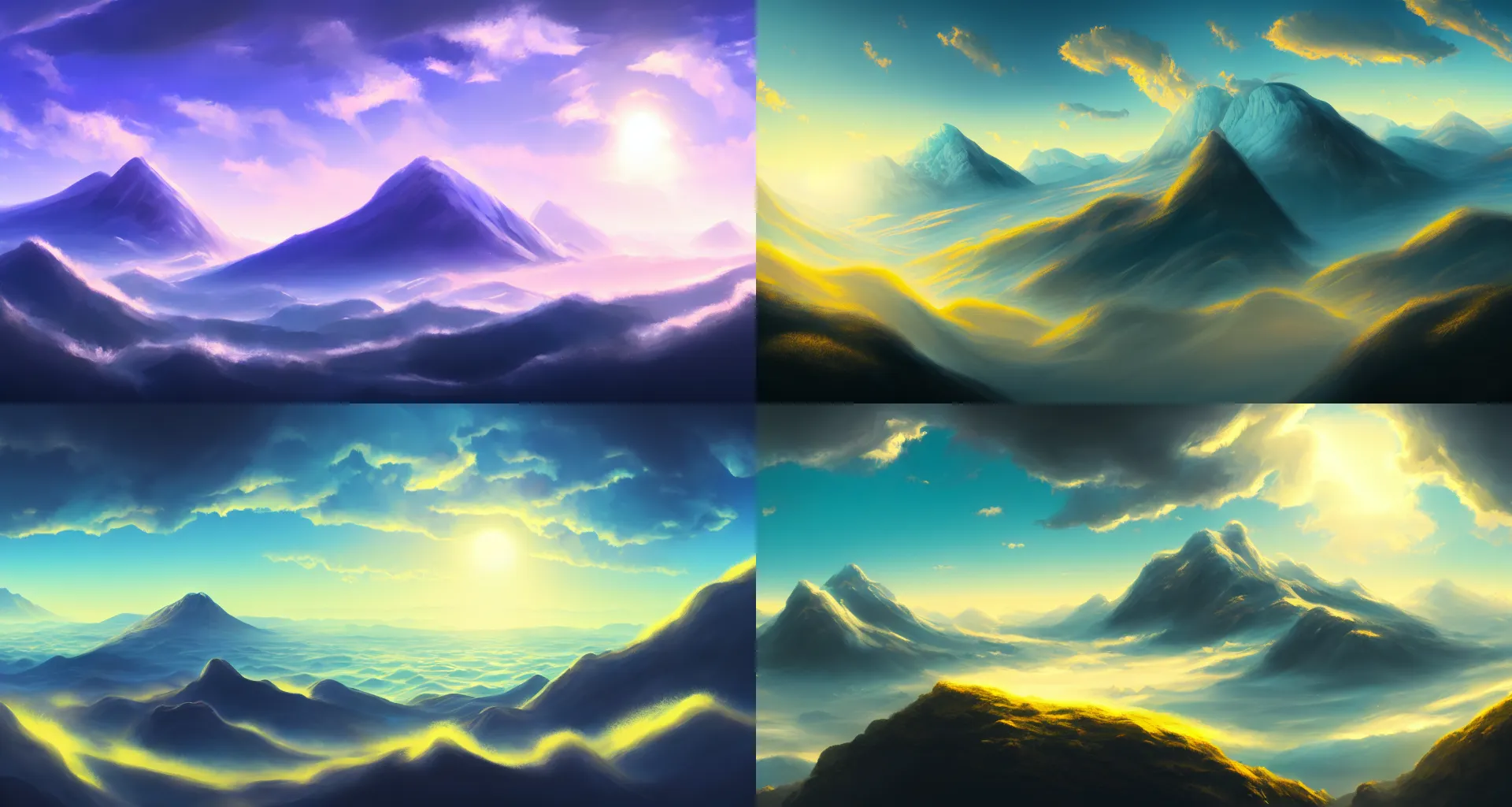 Prompt: painting of dreamy mountains and sea of clouds, sunlit sky, super wide angle, deep focus, concept art, 8 k detail post - processing