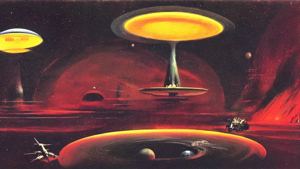 Prompt: flying saucer design by paul lehr and jack gaughan and john schoenherr, cinematic matte painting