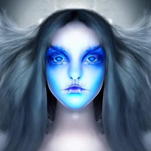 Prompt: beautiful ghost girl, black hair, blue eyes, glowing skin, photorealistic