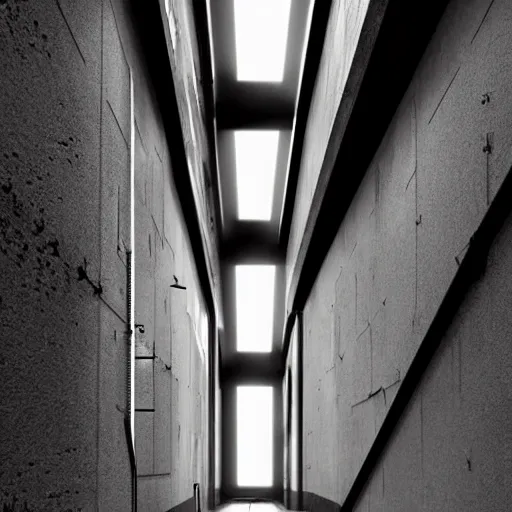 Image similar to dystopian underground prison, minimalist, stunning, light and shadows