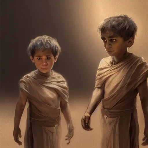 Prompt: portrait, 5 year old male twins in ancient Canaanite clothing looking at each other suspiciously, dramatic lighting, cinematic, establishing shot, high detail, photo realistic, cinematic lighting, post processed, concept art, artstation, matte painting, style by eddie mendoza, raphael lacoste, alex ross