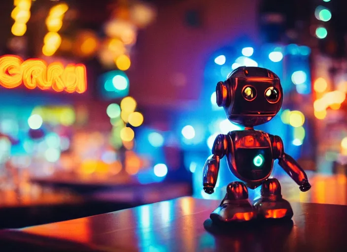 Image similar to a 2 8 mm macro kodachrome photo of a sad metallic robot with glowing lights and electric wires, getting drunk alone at a bar in the 1 9 5 0's, seen from a distance, bokeh, canon 5 0 mm, cinematic lighting, film, photography, golden hour, depth of field, award - winning