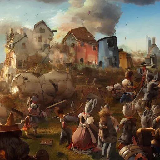 Prompt: a highly detailed oil painting of a giant rabbit smashing houses, renaissance, bystanders watching from the sides, 4 k, by ariduka 5 5, monokubo, artstation,