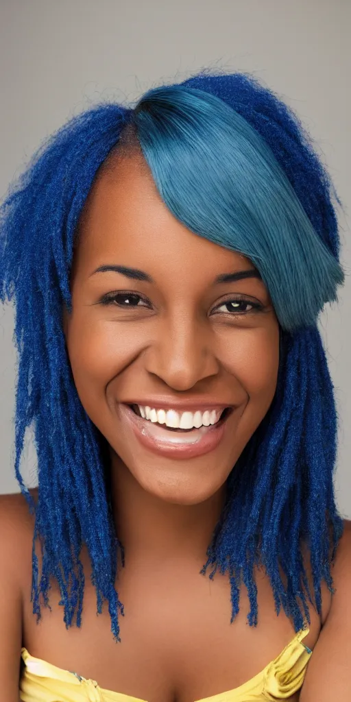 Image similar to picture of a single black woman with blue hair smiling, portrait, realistic, photograph