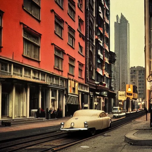 Prompt: very low angle. city street at 1 9 5 0 s. low angle. old photo. atmospheric. skyscrapers. vivid colours, mysterious. epic scene. trending on trainstation. 4 k. very high detailed.