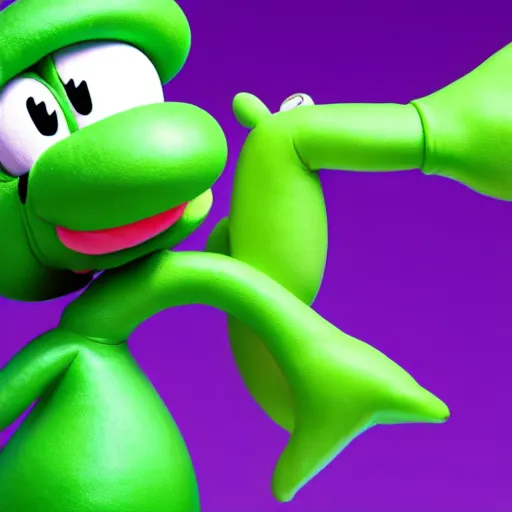 Prompt: anthropomorphic light green yoshi wearing a purple jacket, black shirt, purple skirt, purple heels, nintendo