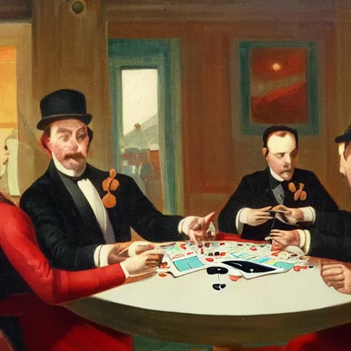 Prompt: Androids playing poker, Painting by Cassius Marcellus Coolidge, Brown & Bigelow, 4k