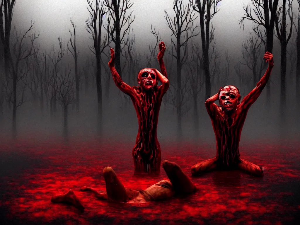 Prompt: a dream of a man with five heads, twelve arms, sitting on chair made of human limbs, the chair is floating in a lake of blood, around the lake are melting trees, the man's limbs are merging with the trees, found on artstation, hyperrealistic nightmare scene, supernatural, highly detailed, creepy, terrifying