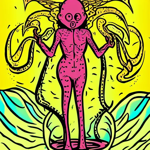 Prompt: pop - wonder - nft alien - meat half - tone - art of a emporer - maiden - phoenix wading through the goopy - muck and slithering about the castle side delights on a melted cheesy day in a hand - drawn vector, svg, cult - classic - comic - style