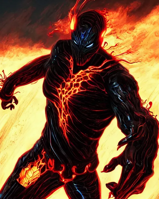 Image similar to ghost rider symbiote, purple and red variant, dynamic lighting, fantasy concept art, trending on art station, stunning visuals, creative, cinematic, ultra detailed, comic strip style