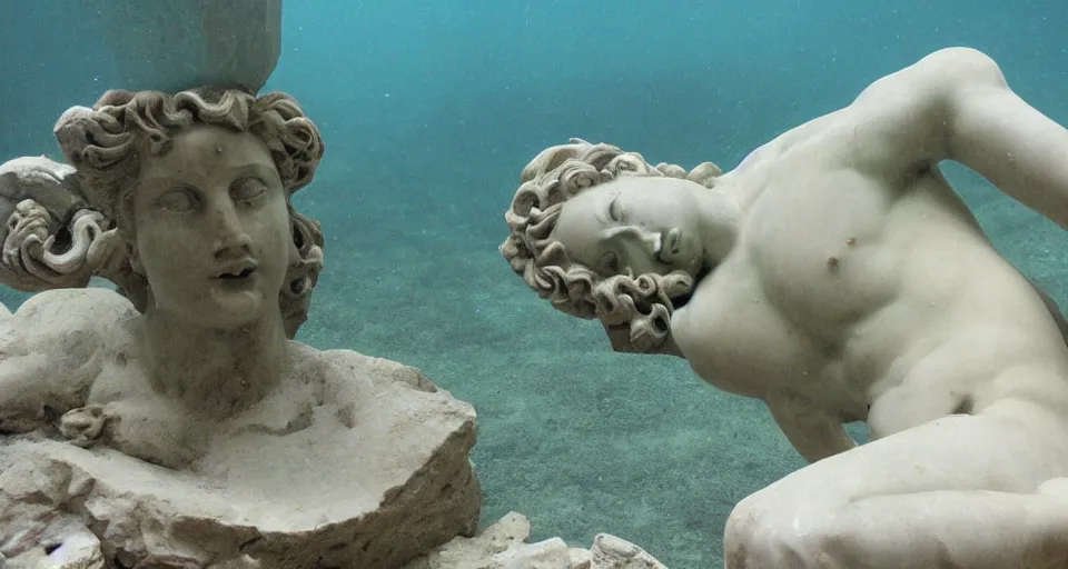 Prompt: An underwater marble greek statue,