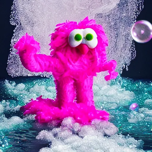 Prompt: hot pink feather boa muppet in bubble bath wit bubbles floating in the air