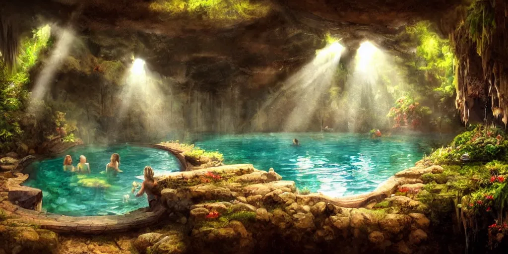 Prompt: detailed interior of cozy hotsprings hidden inside a cave, small waterfalls, lush vegetation, flowers, towels, plates of fruit, god rays, light shafts, stunning atmosphere, by gerald brom, cinematic lighting