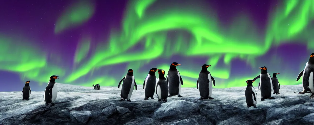 Image similar to a group of penguins watching the aurora borealis, large scale, breathtaking, mixed media, digital art, trending on artstation, 8k, epic composition, highly detailed, AAA graphics