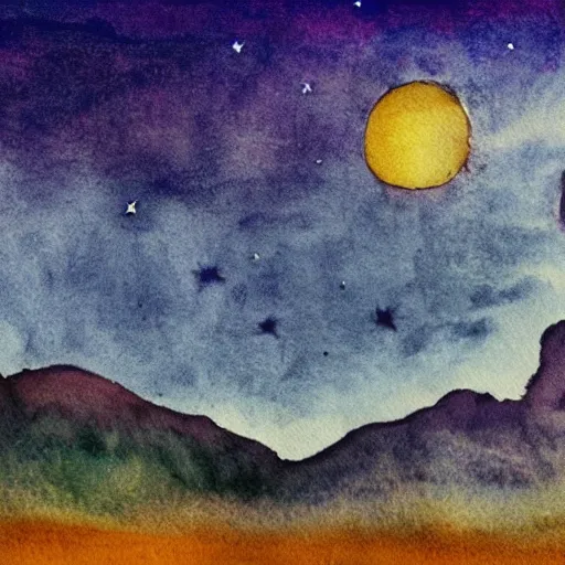 Prompt: a beautiful night sky in water color with moon and stars by ansel adams