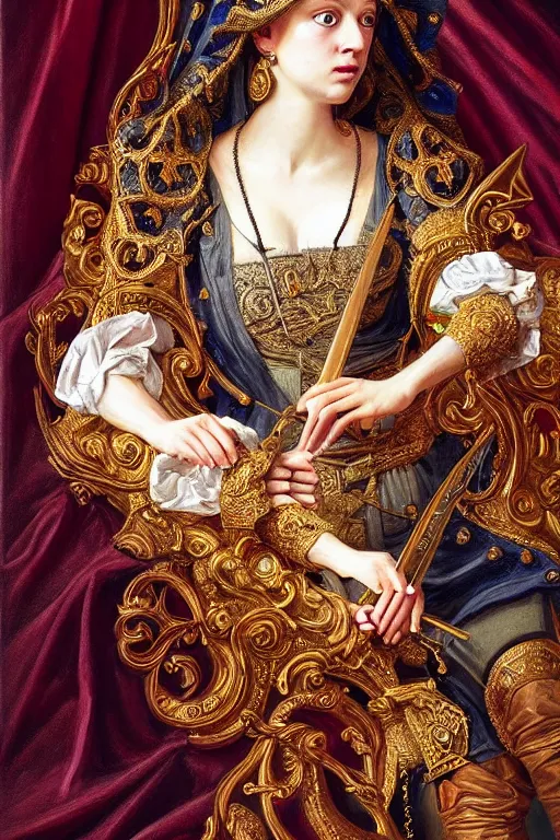 Prompt: hyper realistic painting portrait of the princess of swords, occult diagram, elaborate details, rococo, baroque, gothic, intrincate ornaments, gold decoration, caligraphy, occult art, illuminated manuscript, oil painting, art noveau