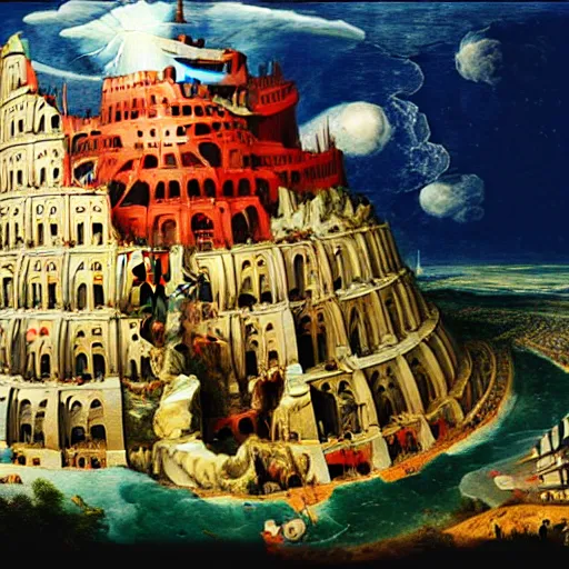 Prompt: the tower of babel of datacenter at the end of the world in the style of brueghel