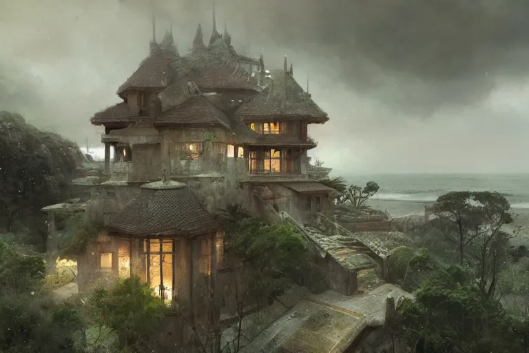 Image similar to a profoundly exotic home sitting amongst a rabid landscape weeping with sorrows and anxiety, overlooking a lively beach, digital painting by greg rutkowski and gaston bussiere, cgsociety contest winner, heavily overcast sky, dimly sad atmosphere, intricately defined, zbrush, comprehensive art, 4 k