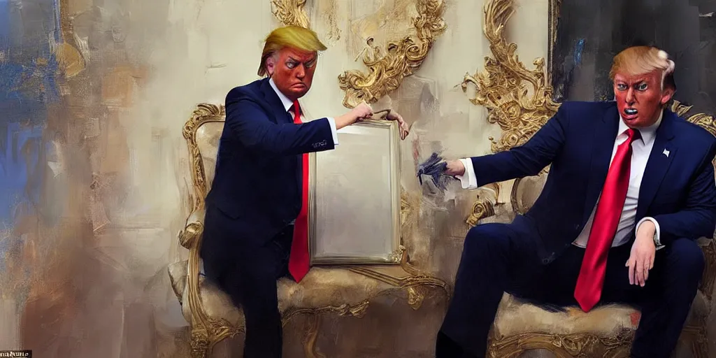 Image similar to character art by ruan jia, young donald trump paints a portrait of himself older at mar - a - lago