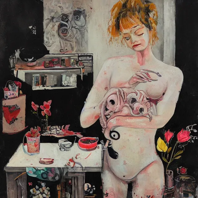 Prompt: a portrait in a female artist's apartment, a woman holding a piglet, japanese pottery vase with white flowers, spilled milk, smokey burnt love letters, candles, feminine, organic, octopus, squashed berries, pancakes, black underwear, neo - expressionism, surrealism, acrylic and spray paint and oilstick on canvas