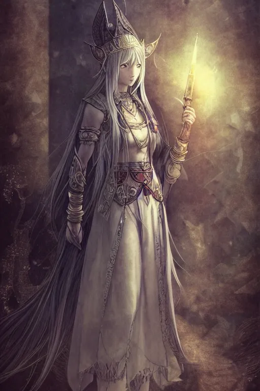 Image similar to A full body portrait of a female priestess with long silver hair by Akihiko Yoshida, fantasy, very detailed, matte, gaussian blur, tone mapping