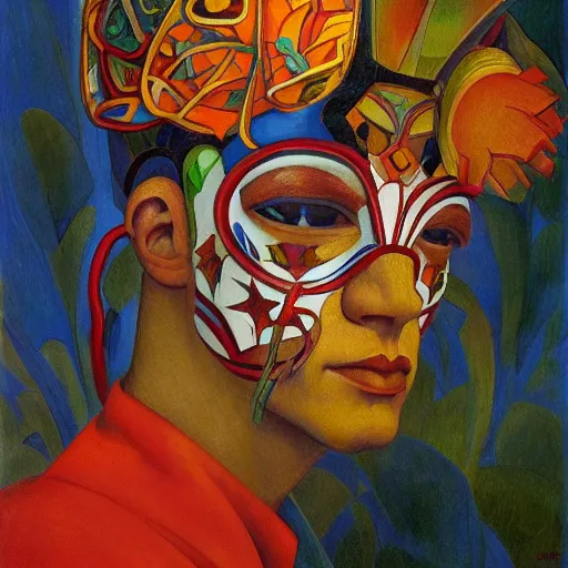 Image similar to head of a beautiful boy wearing a carnival mask made of stylized flowers, by diego rivera and john watkiss and annie swynnerton, art deco shaman, art brut, symbolist, dramatic cinematic lighting, god rays, iridescent beetles, clean crisp graphics, smooth sharp focus, extremely detailed