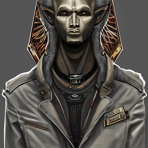 Prompt: hyperdetailed anubis wearing a pale gray flight jacket, highly detailed portrait, polygon style, digital painting, artstation hq, intricate, elegant, medium shot