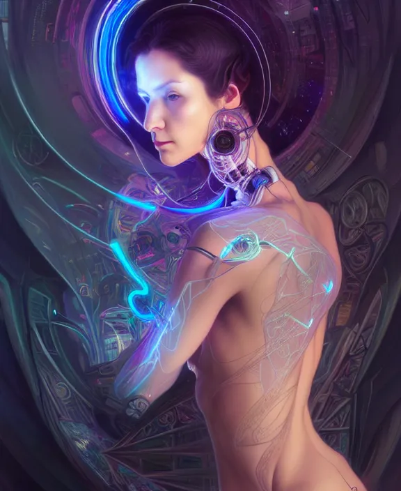 Image similar to a whirlwind of souls rushing inside the metaverse, hologram, half body, neurochip, shaved temple, piercing, jewelry, android, cyborg, cyberpunk face, by loish, d & d, fantasy, intricate, elegant, highly detailed, colorful, digital painting, artstation, concept art, art by artgerm and greg rutkowski and alphonse mucha