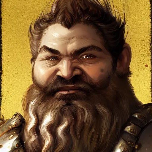 Image similar to portrait, 40 years old man :: fantasy dwarf :: thick beard, brown eyes, short pure white hair :: full plate armor, golden decoration :: high detail, digital art, RPG, concept art, illustration