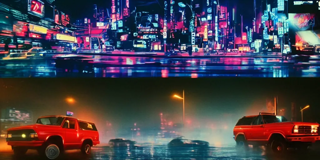 Image similar to a single ford bronco, speeding down tokyo highway in the rain, night time, neon lights, thunderstorm, movie still from the film bladerunner