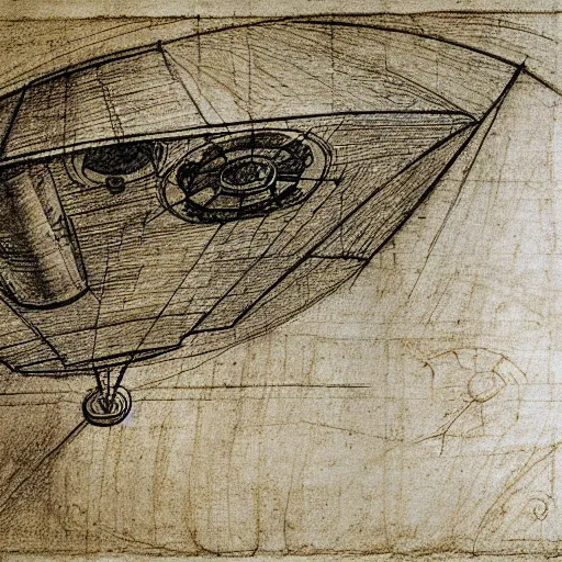 Image similar to Spacecraft design manuscript, by Leonardo da Vinci, sketch, yellow paper