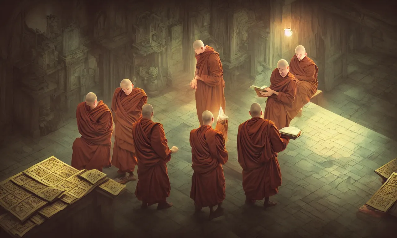 Image similar to monks in distrust, kerberos realm, service ticket close up, wizard reading a directory, nordic pastel colors, abandoned railroad, 3 d art, digital illustration, perfect lighting