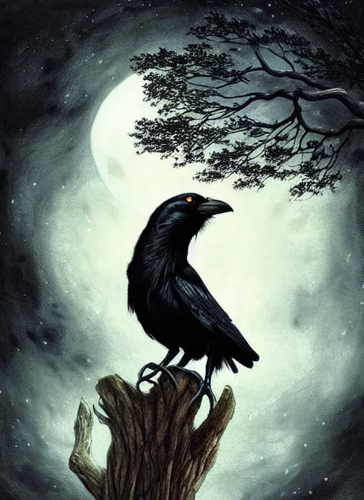 Image similar to side portrait dark crow on tree in front of the full big moon, fine art, awesome fantasy book cover on Pinterest, award winning, fantasy forest landscape, fantasy magic, dark golden light night, intricate, elegant, sharp focus, illustration, highly detailed, digital painting, concept art, matte, art by WLOP and Artgerm and Greg Rutkowski, masterpiece, trending on artstation