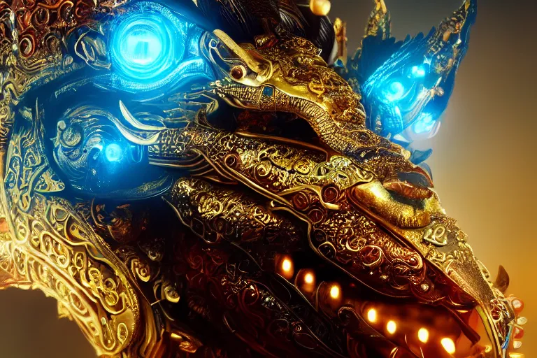 Prompt: cinematic closeup portrait of a golden chinese dragon intricately decorated with colorful jewels, detailed textures, nighttime city lights, strong bokeh, dramatic lighting, unreal engine, cgsociety, artstation, 4k